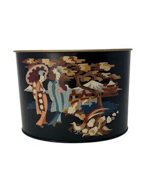 Vintage Black Metal Asian Scene Cachepot Planter Gold Trim 1960s Decor